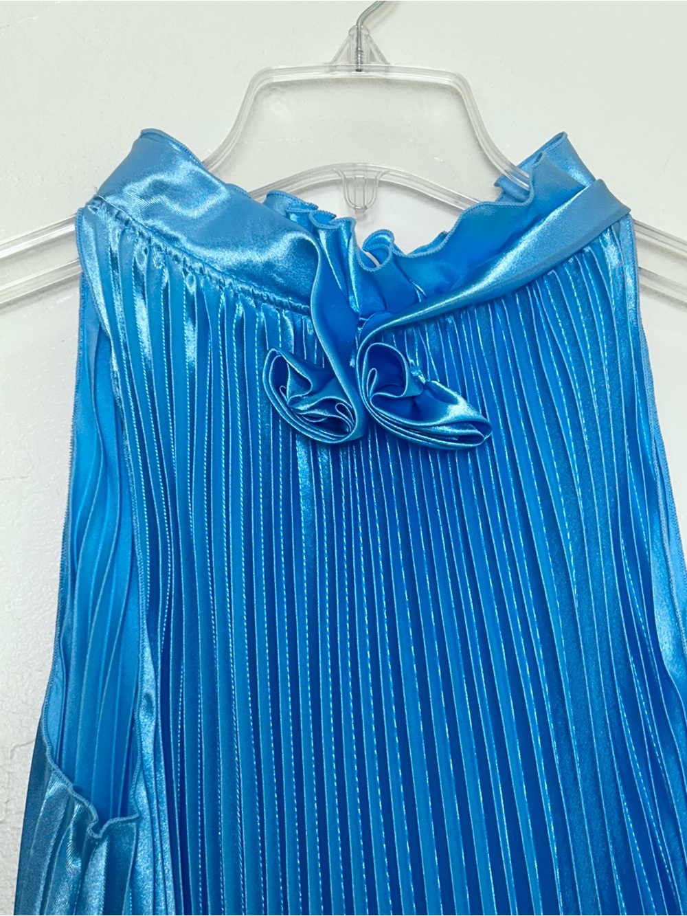 Shiny Metallic Light Blue Pleated Sleeveless High-Neck Top